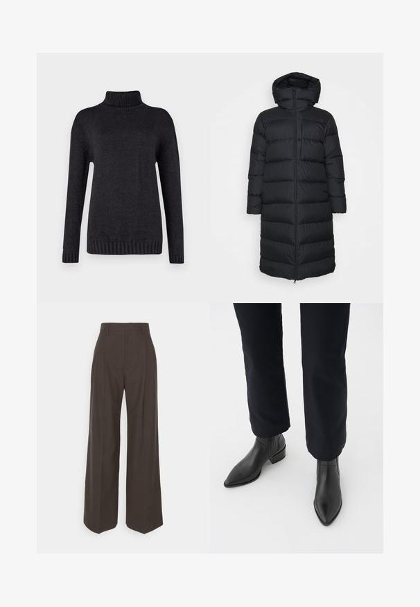 Črna puhovka s kapuco, s pravim krojem, vodoravnim prešitim vzorcem in sprednjim zadrgo. Gladek, lahek material.; Temno siva turtleneck pulover iz teksturirane pletene tkanine, z dolgimi rokavi ter rebrastimi manšeti in robom.; Temno rjave široke hlače z visokim pasom, ki imajo lepo stisnjene gube, gladko teksturo in krojen fit.; Črne usnjene gležnjarje s koničastim nosom, blokastim petami in strukturiranimi stranskimi paneli, oblečene z temnimi hlačami proti beli podlagi.