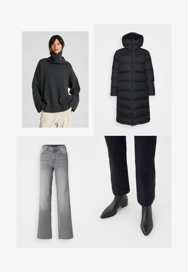 Fekete puffernadrág, kapucnival, egyenes szabással, vízszintes steppeléssel és elülső cipzárral. Simább, könnyű anyag.; Túlméretezett sötétszürke garbó pulóver bordázott nyakkivágással és mandzsettákkal, puha kötött anyagból készült, eséses vállakkal és laza fazonnal.; Magasan derekú, egyenes szárú, szürke farmernadrág, elől gombbal és cipzárral, elülső és hátsó zsebekkel, valamint elhalványodott árnyékolással a combokon és a vádlikon.; Fekete bőr bokacsizma hegyes orral, tömbsarkúval és texturált oldalsó panelekkel, sötét nadrággal viselve, fehér háttér előtt.