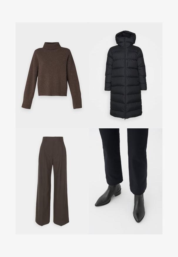 Μαύρο φουσκωτό μπουφάν με κουκούλα, με ίσια γραμμή, οριζόντια κουβάρτα και μπροστινό φερμουάρ. Απαλή, ελαφριά ύφανση.; Καφέ πλεκτό πουλόβερ με ψηλό λαιμό, με χαμηλούς ώμους και ριμπ μανσέτες και στρίφωμα. Μαλακή υφή, σε κοντή σχεδίαση.; Σκούρο καφέ παντελόνι σε φαρδιά γραμμή με ψηλή μέση, που διαθέτει προσεκτικά πιεσμένες πτυχές, λείο υφή και καλή εφαρμογή.; Μαύρες δερμάτινες μπότες μέχρι τον αστράγαλο με αιχμηρή μύτη, χοντρό τακούνι και υφασμάτινες πλευρικές πάνελ, φορεμένες με σκούρους παντελόνες σε λευκό φόντο.