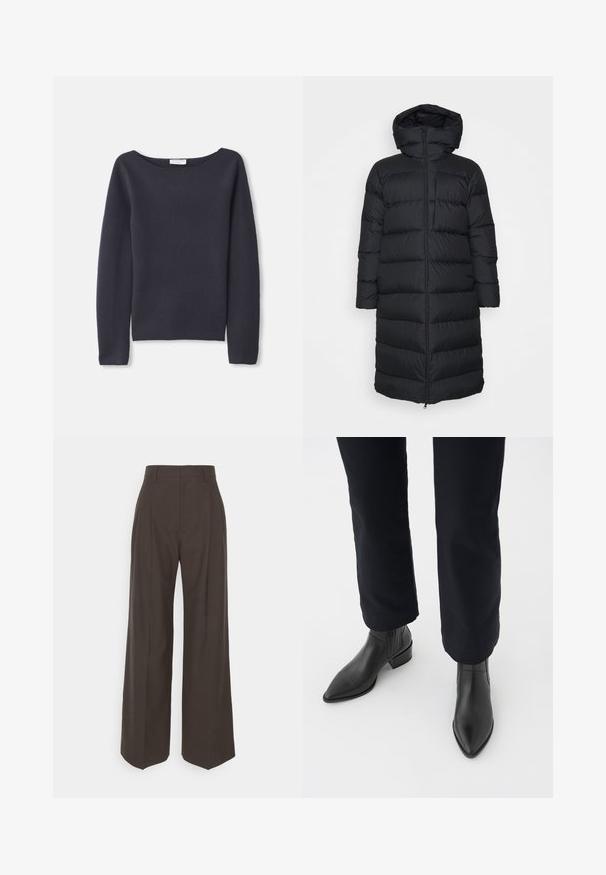 Giacca a vento nera con cappuccio, caratterizzata da un taglio dritto, motivo a righe orizzontali e chiusura frontale con zip. Tessuto liscio e leggero.; Maglione navy a maniche lunghe con scollatura ampia, texture morbida e vestibilità rilassata. Presenta cuciture minimali e nessun fissaggio visibile.; Pantaloni ampi marrone scuro con vita alta, caratterizzati da pieghe ben stirate, una texture liscia e una vestibilità su misura.; Stivali neri in pelle fino alla caviglia, con punta affusolata, tacco a blocco e pannelli laterali texture, indossati con pantaloni scuri su uno sfondo bianco.