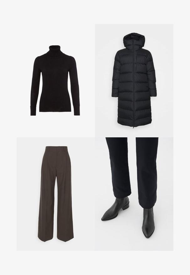 Casaco puffer preto com capuz, apresentando um corte reto, padrão acolchoado horizontal e fecho frontal com zíper. Tecido liso e leve.; Suéter preto de gola alta feito de um material de malha suave. Apresenta mangas longas, punhos canelados e uma gola canelada. Textura suave sem padrões visíveis.; Calças largas castanhas escuras com cintura alta, apresentando pregas bem vincadas, textura suave e um corte ajustado.; Botas de tornozelo em couro preto com bico afunilado, salto bloco e painéis laterais texturizados, usadas com calças escuras em fundo branco.
