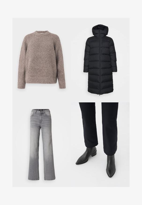 Czarna kurtka puchowa z kapturem, o prostym kroju, poziomym pikowaniem i zapięciem na zamek błyskawiczny z przodu. Gładki, lekki materiał.; Jasnobrązowy, strukturalny sweter z okrągłym dekoltem i długimi rękawami, wykonany z miękkiego, puszystego materiału, charakteryzujący się luźnym krojem.; Szare dżinsy o prostym kroju i wysokim stanie, z przodu zapinane na guzik i zamek, z kieszeniami z przodu i z tyłu oraz z wyblakłym odcieniem na udach i łydkach.; Czarne skórzane botki za kostkę z ostrym noskiem, block heel oraz teksturowanymi bocznymi panelami, noszone z ciemnymi spodniami na białym tle.