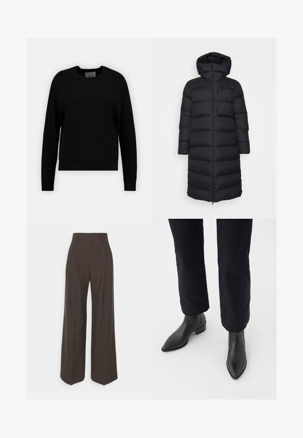 Fekete puffernadrág, kapucnival, egyenes szabással, vízszintes steppeléssel és elülső cipzárral. Simább, könnyű anyag.; Fekete kötött pulóver, kerek dekoltázzsal, hosszú raglánujjakkal és bordázott szegéllyel. Simára szőtt textúra, minimalista dizájn, látható minták vagy kiegészítők nélkül.; Sötétbarna, bő szárú nadrág magas derékkal, tisztán vasalt redőkkel, sima textúrával és testhez simuló fazonnal.; Fekete bőr bokacsizma hegyes orral, tömbsarkúval és texturált oldalsó panelekkel, sötét nadrággal viselve, fehér háttér előtt.
