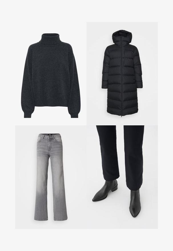 Černá péřová bunda s kapucí, s rovný střih, horizontálně prošívaným vzorem a předním zipem. Hladká, lehká látka.; Gestuz MANZI ROLLNECK - Svetr - deep graphite; Džíny z šedého denimu s vysokým pasem a rovnými nohavicemi, předním zapínáním na knoflík a zip, předními a zadními kapsami, a vybledlým stínováním na stehnech a lýtkách.; Černé kožené kotníkové boty s špičatou špičkou, blokovým podpatkem a texturovanými bočními panely, nošené s tmavými kalhotami na bílém pozadí.