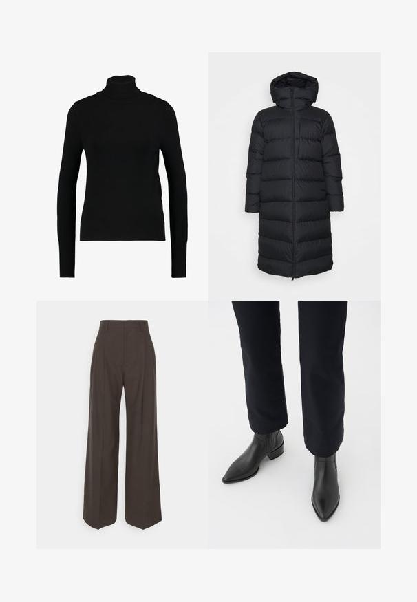 Abrigo de plumas negro con capucha, con un corte recto, patrón de acolchado horizontal y cierre de cremallera frontal. Tela suave y ligera.; Jersey de cuello alto negro de manga larga, hecho de una tela ligera con canalé; presenta un corte ajustado y un cuello alto, sin ningún adorno adicional.; Pantalones de pierna ancha de color marrón oscuro con cintura alta, que presentan pliegues bien marcados, una textura suave y un ajuste a medida.; Botas negras de cuero hasta el tobillo con punta afilada, tacón cuadrado y paneles laterales texturizados, combinadas con pantalones oscuros contra un fondo blanco.