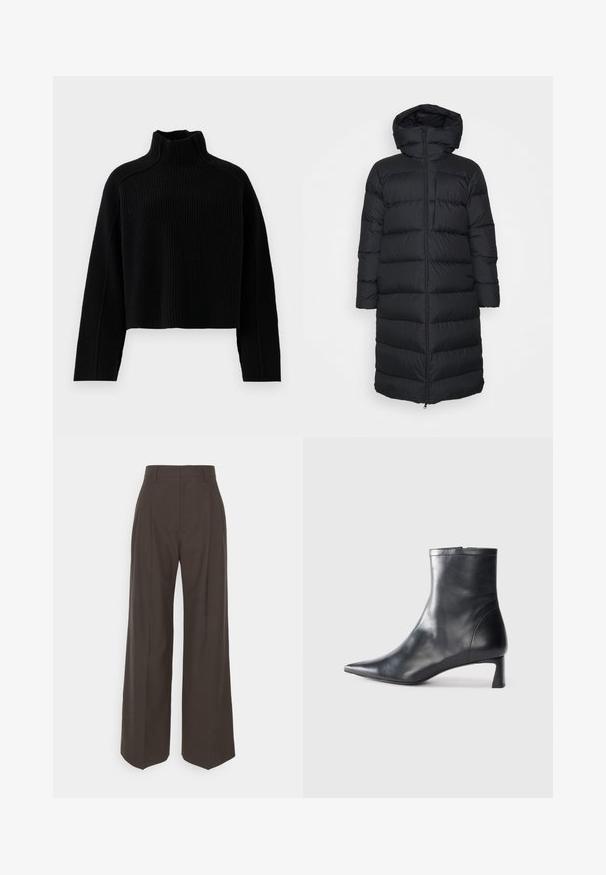 Czarna kurtka puchowa z kapturem, o prostym kroju, poziomym pikowaniem i zapięciem na zamek błyskawiczny z przodu. Gładki, lekki materiał.; Czarny sweter z ribbowanym splotem, z wysokim kołnierzem i skróconym krojem, z długimi rękawami i teksturowanym wykończeniem.; Ciemnobrązowe spodnie z szerokimi nogawkami i wysokim stanem, wyróżniające się starannie wyprasowanymi zagnieceniami, gładką fakturą i dopasowanym krojem.; Czarne skórzane botki sięgające kostki z ostrym noskiem i eleganckim designem. Posiadają niski obcas oraz zamek błyskawiczny z tyłu. Gładka faktura.