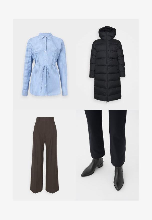 Czarna kurtka puchowa z kapturem, o prostym kroju, poziomym pikowaniem i zapięciem na zamek błyskawiczny z przodu. Gładki, lekki materiał.; Koszula zapinana na guziki w jasnoniebieskim kolorze z białymi pionowymi paskami. Posiada kołnierzyk, długie rękawy oraz ściągacz w talii dla lepszego dopasowania.; Ciemnobrązowe spodnie z szerokimi nogawkami i wysokim stanem, wyróżniające się starannie wyprasowanymi zagnieceniami, gładką fakturą i dopasowanym krojem.; Czarne skórzane botki za kostkę z ostrym noskiem, block heel oraz teksturowanymi bocznymi panelami, noszone z ciemnymi spodniami na białym tle.