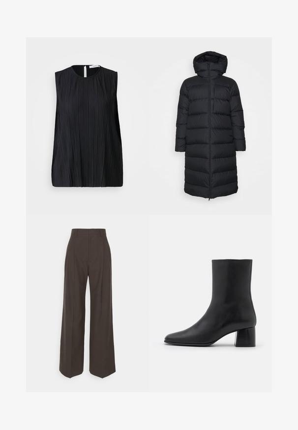 Schwarze gefütterte Jacke mit Kapuze, gerade geschnitten, mit horizontalem Steppmuster und einem Reißverschluss vorne. Glattes, leichtes Material.; Samsøe Samsøe UMA - Bluse - black; Dunkelbraune weite Hose mit hoher Taille, die über sorgfältig gebügelte Falten, eine glatte Textur und eine taillierte Passform verfügt.; Schwarze Leder-Ankle-Boots mit spitzer Zehenpartie und einem klobigen, quadratischen Absatz. Glatte Textur mit nahtlosem Design und minimalistischem Nähen.