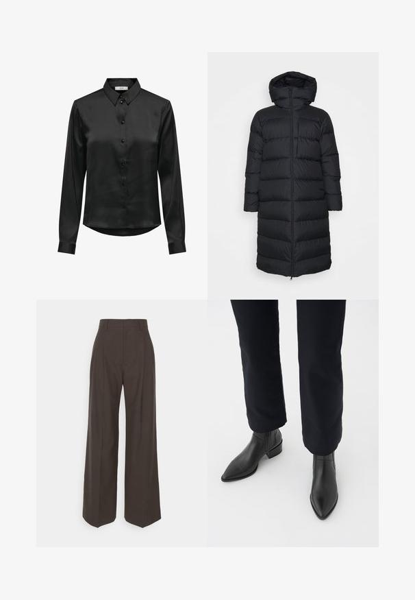 Abrigo de plumas negro con capucha, con un corte recto, patrón de acolchado horizontal y cierre de cremallera frontal. Tela suave y ligera.; Camisa de satén negra de manga larga con un cierre frontal de botones, un cuello clásico y un dobladillo curvado. Presenta un brillo sutil y mangas ajustadas.; Pantalones de pierna ancha de color marrón oscuro con cintura alta, que presentan pliegues bien marcados, una textura suave y un ajuste a medida.; Botas negras de cuero hasta el tobillo con punta afilada, tacón cuadrado y paneles laterales texturizados, combinadas con pantalones oscuros contra un fondo blanco.