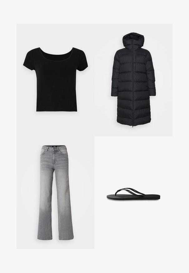 Abrigo de plumas negro con capucha, con un corte recto, patrón de acolchado horizontal y cierre de cremallera frontal. Tela suave y ligera.; Camiseta negra de manga corta con un escote amplio, hecha de una tela suave y elástica, con un corte ajustado y sin patrones adicionales.; Vaqueros de mezclilla gris de pernera recta y cintura alta, con botón y cremallera frontales, bolsillos delanteros y traseros, y efectos de desvanecimiento en los muslos y las pantorrillas.; Chanclas negras con suela de goma texturizada, dos tiras delgadas y un sutil detalle de logo en relieve en la tira.