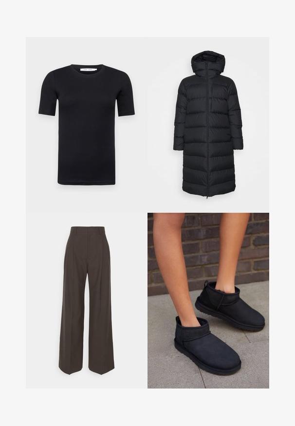 Giacca a vento nera con cappuccio, caratterizzata da un taglio dritto, motivo a righe orizzontali e chiusura frontale con zip. Tessuto liscio e leggero.; T-shirt nero a maniche corte realizzato in morbido cotone. Presenta un collo a giro e un design semplice e senza cuciture.; Pantaloni ampi marrone scuro con vita alta, caratterizzati da pieghe ben stirate, una texture liscia e una vestibilità su misura.; Stivaletti neri realizzati in suede con una morbida fodera interna. Presentano una punta arrotondata e una suola piatta e testurizzata.