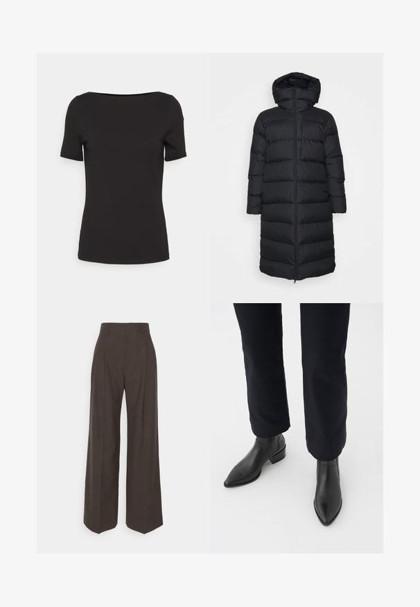 Geacă puf neagră cu glugă, cu un croi drept, model matlasat orizontal și închidere cu fermoar frontal. Material neted, ușor.; Cămașă neagră cu mâneci scurte, cu decolteu pătrat, realizată dintr-un material neted, având un design ajustat și fără modele sau accente vizibile.; Pantaloni largi de culoare maro închis, cu talie înaltă, prezentând pliante bine călcate, textură fină și o croială adaptată.; Bocanci din piele neagră, până la gleznă, cu vârf ascuțit, toc pătrat și panouri laterale texturate, purtați cu pantaloni închiși la culoare, pe un fundal alb.