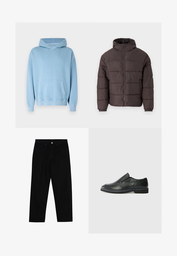 Chaqueta acolchada marrón con capucha, que presenta un cierre delantero con cremallera, puños elásticos y acolchado horizontal para mayor aislamiento. Acabado de tela texturizada.; Sudadera con capucha de color azul claro, hecha de tejido suave. Presenta un bolsillo frontal tipo canguro, puños acanalados y un corte relajado. Textura suave.; Pantalones de mezclilla negra con corte recto, diseño de cinco bolsillos y cierre frontal con botón. Textura suave con detalles de costura mínimos.; Zapato negro de cuero sin cordones con un upper suave, detalles de costura, punta redonda y un bajo tacón de goma. La suela presenta una tracción mínima.