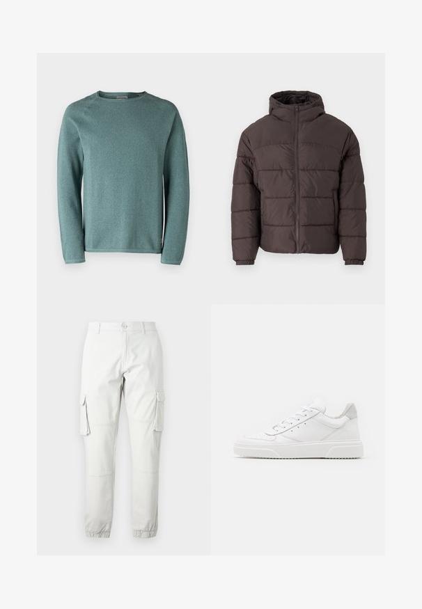 Bruine pufferjack met capuchon, voorzien van een ritssluiting aan de voorkant, elastische manchetten en horizontale stiksels voor isolatie. Geweven stofafwerking.; Jack & Jones JJEHILL CREW NECK - Trui - goblin blue; Lichtgrijze cargobroek met zijzakken, elastische enkels en een knoopsluiting. Gemaakt van duurzaam materiaal met een soepele textuur.; Witte leren sneakers met een gladde afwerking, ronde neus, platte veters en een gestructureerde zool. Grijze suède accent bij de hiel.