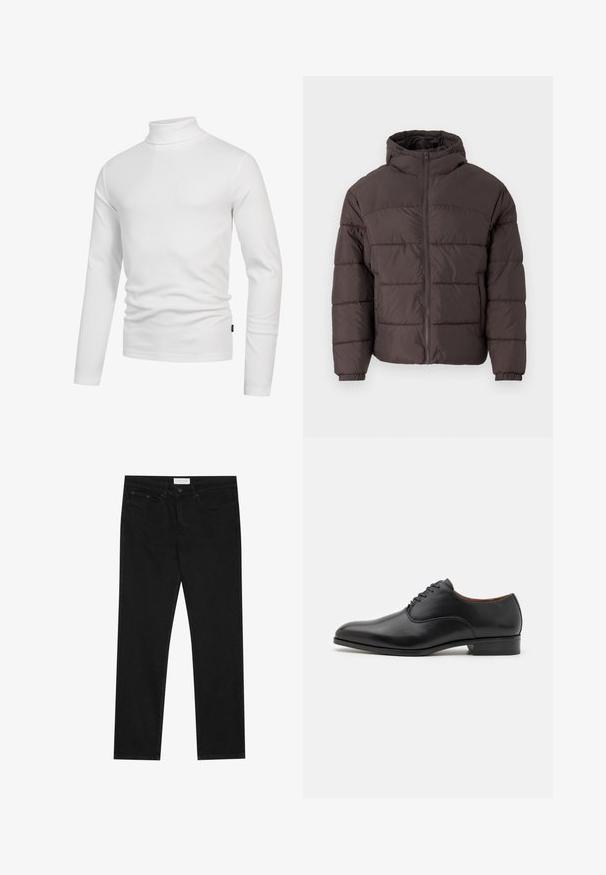 Brązowa kurtka puchowa z kapturem, z zamkiem z przodu, elastycznymi mankietami i poziomym pikowaniem dla izolacji. Tekurowa struktura materiału.; Biała koszulka z długim rękawem i golfem, wykonana z miękkiego, gładkiego materiału. Posiada dopasowany krój oraz wysoki, przylegający kołnierz. Minimalistyczny styl.; Czarne jeansy straight-leg z pięcioma kieszeniami, zapięcie na guzik i zamek błyskawiczny oraz metka marki Pier One na pasku.; Czarne skórzane buty do dress code'u o gładkim wykończeniu, spiczastym nosku i sznurowaniu na sześć oczek, z niskim obcasem i subtelnymi detalami w szwie.