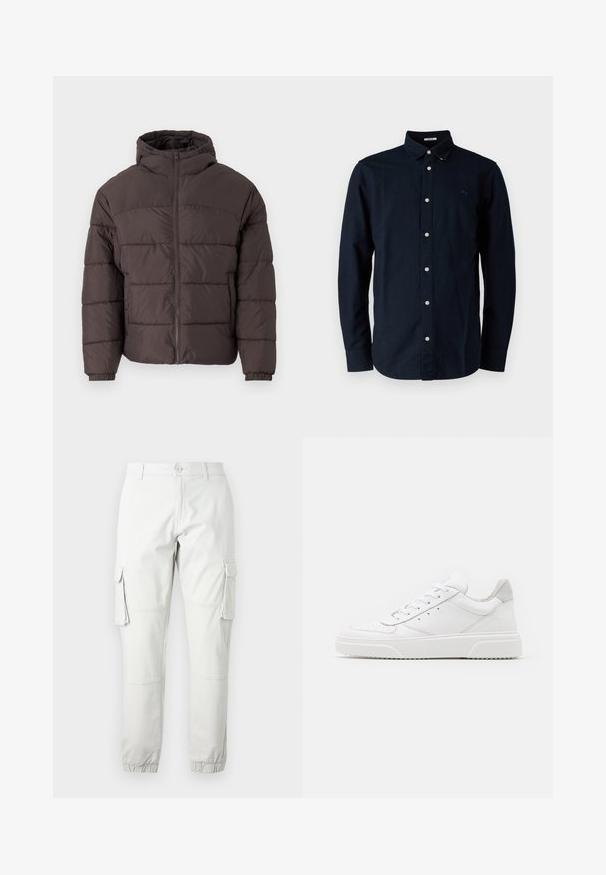 Brūna pūkaina jaka ar kapuci, ar rāvējslēdzēja fronti, elastīgiem aproces un horizontālo quiltēšanu siltumizolācijai. Tekstūrēta auduma apdare.; Tumši zilas krāsas pogājama krekla, kura izgatavota no kokvilnas, klasiskās apkakles, garām piedurknēm un neliels izšūts logotips uz krūšu.; Gai pelēki kravas bikses ar sānu kabatām, elastīgām potīšu aprocēm un pogu aizdari. Izgatavotas no izturīga auduma ar gludu tekstūru.; Baltie ādas sporta apavi ar gludu virsmu, noapaļotu purngalu, plakaniem šņorēm un reljefa zoli. Pelēks zamšādas akcenti pie papēža.