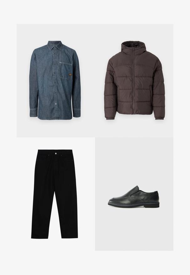 Bruine pufferjack met capuchon, voorzien van een ritssluiting aan de voorkant, elastische manchetten en horizontale stiksels voor isolatie. Geweven stofafwerking.; Denim overhemd met lange mouwen, knopenrij, puntige kraag en borstzak met een klein bruin merklabel.; Zwarte denim broek met een recht gesneden pasvorm, vijf gebruikersvriendelijke zakken en een sluiting met een knoop aan de voorkant. Soepele textuur met minimale stikdetails.; Zwarte leren instapper met een soepele bovenkant, gestikte accenten, ronde neus en een lage rubberen hak. De zool heeft minimale profiel.