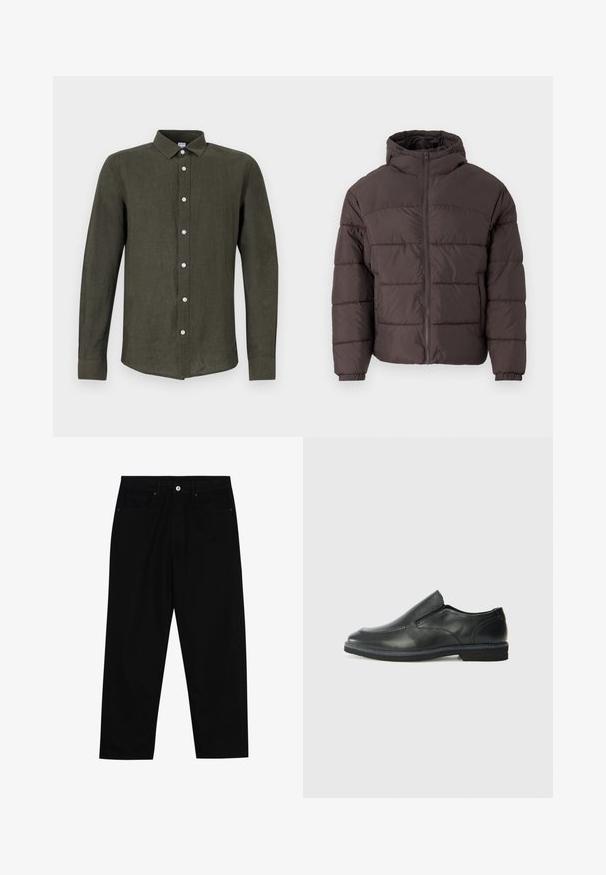 Bruine pufferjack met capuchon, voorzien van een ritssluiting aan de voorkant, elastische manchetten en horizontale stiksels voor isolatie. Geweven stofafwerking.; Donkergroene shirt met lange mouwen, gemaakt van linnen. Heeft een knoopsluiting aan de voorkant met lichte knopen en een kraag voor een gestructureerde uitstraling.; Zwarte denim broek met een recht gesneden pasvorm, vijf gebruikersvriendelijke zakken en een sluiting met een knoop aan de voorkant. Soepele textuur met minimale stikdetails.; Zwarte leren instapper met een soepele bovenkant, gestikte accenten, ronde neus en een lage rubberen hak. De zool heeft minimale profiel.