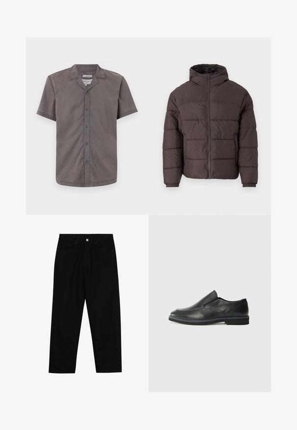 Rudas pūkuotukas su gobtuvu, su užtrauktuku priekyje, elastingomis rankovėmis ir horizontaliomis siūlėmis izoliacijai. Tekstūruotas audinio apdaila.; Tamsiai pilkos spalvos marškiniai su trumpomis rankovėmis, pagaminti iš minkštos medžiagos. Turi stovyklos tipo apykaklę ir penkias priekinės sagas. Glotni tekstūra ir laisvas pjaustymas.; Juoda džinsinė kelnė su tiesiu kirpimu, penkių kišenių dizainu ir priekiniais mygtukais. Lygus paviršius su minimaliu siuvimo detalėmis.; Juodai odiniai įtvirtinimo batai su lygiu paviršiumi, siuvinėjimo akcentais, apvalia nosimi ir žemu guminiu kulnu. Pado raštas minimalus.