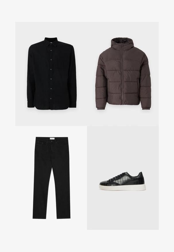 Ruskea puhvitakki hupulla, jossa on vetoketjusuljenta, elastiset hihansuut ja vaakasuora tikkaus eristyksen parhaaksi. Teksturoitu kankaan pinta.; Musta pitkähihainen paita, joka on valmistettu teksturoidusta kankaasta. Tässä paidassa on napitettu etuosa, yksittäinen rintatasku ja klassinen kaulus.; Mustat suorat farkut, joissa on viisi taskua, napilla ja vetoketjulla varustettu sulkeminen, sekä Pier One -brändilogo vyötärölle.; Musta lenkkarit, joissa on teksturoitu krokotiililla kohokuvioitu nahkapinta, pyöristetty varvas ja erottuva valkoinen kumipohja, jossa on sileä pinta.