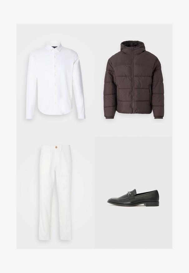 Hnědá péřová bunda s kapucí, s předním zipem, elastickými manžetami a horizontálním prošíváním pro izolaci. Texturovaný povrch látky.; Bílá košile s dlouhým rukávem z bavlněné směsi, s klasickým límcem, zapínáním na knoflíky vpředu, zakulaceným lemem a hladkou texturou.; Bílé látkové kalhoty s rovnými nohavicemi, se dvěma předními kapsami a zapínáním na knoflík. Hladká textura a čistý design.; Černé kožené mokasíny s hladkým povrchem, s prošívaným designem a dekoračním kovovým řetízkem přes nárt. Plochý podpatek.