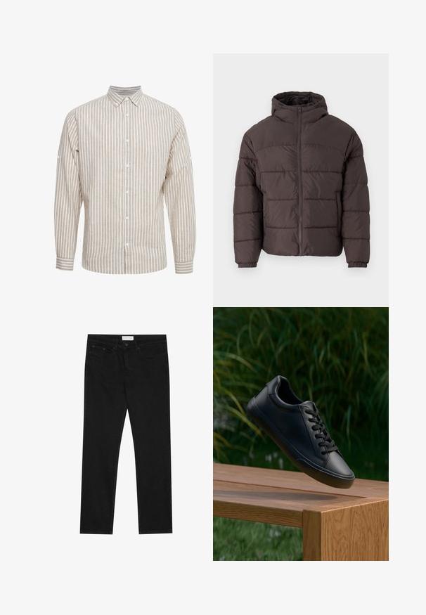 Rjava jakna s puhom in kapuco, z zadrgo na sprednji strani, elastičnimi manšetami in horizontalnim prešitim vzorcem za izolacijo. Teksturno zaključena tkanina.; Bež in bela črtasta majica z dolgimi rokavi in gumbastim ovratnikom, z gumbi spredaj in prilagodljivimi manšeti. Narejena iz lahkotnega materiala.; Črne ravne jeans hlače s petimi žepi, z gumbom in zadrgo za zapiranje ter oznako blagovne znamke Pier One na pasu.; Črne usnjene superge z gladko teksturo, okroglo špicasto konico in ravnimi vezalkami, postavljene nad leseno površino z zeleno travo v ozadju.