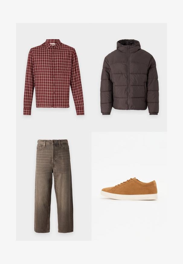 Giubbotto imbottito marrone con cappuccio, dotato di chiusura con zip, polsini elasticizzati e trapuntatura orizzontale per l'isolamento. Finitura in tessuto testurizzato.; Camicia a maniche lunghe a quadri rossi con colletto a punta, chiusura a bottoni e taschino sul petto. Il materiale sembra morbido con una leggera texture.; Jeans larghi marroni in denim. Caratterizzati da una zip laterale, passanti per cintura e cinque tasche. Il tessuto presenta un aspetto sbiadito e strutturato.; Sneaker in suede marrone con design low-top, suola in gomma bianca e punta rotonda. Presenta lacci abbinati e una grafica minimal sul tallone.