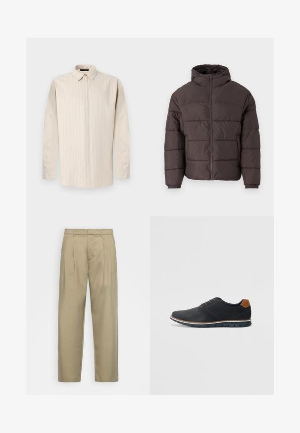 Rudas pūkuotukas su gobtuvu, su užtrauktuku priekyje, elastingomis rankovėmis ir horizontaliomis siūlėmis izoliacijai. Tekstūruotas audinio apdaila.; Šviesiai bežinis ilgomis rankovėmis marškinis su mygtukų apykakle, papuoštas vertikaliomis juostelėmis, tiesaus kirpimo ir vieno mygtuko rankogaliais.; Šviesiai rudos, aukšto liemens kelnes su tiesia kirpimu, su plokščiu priekiniu paviršiumi, šoninėmis kišenėmis ir lygiu, tekstūruotu audiniu.; Juodi sintetiniai batai su tekstūruotu paviršiumi, lygiomis detalėmis, ruda kulna ir kontrastingu padu. Yra minimalus raištelių užsidėjimas ir siuvimo detalės.