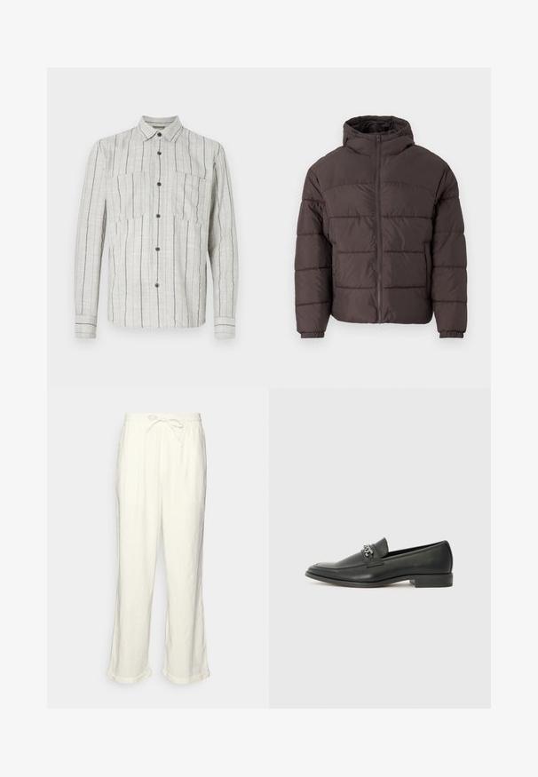 Rudas pūkuotukas su gobtuvu, su užtrauktuku priekyje, elastingomis rankovėmis ir horizontaliomis siūlėmis izoliacijai. Tekstūruotas audinio apdaila.; Šviesiai pilka ilgos rankovės marškinėliai, pagaminti iš tekstūruotos medžiagos su tamsiai mėlynomis vertikaliomis juostelėmis, turintys dvi krūtinės kišenes ir tamsius mygtukus.; Neryškios baltos lino kelnės su raišteliu liemens srityje, šiek tiek plačiomis kojomis ir sukniustais mankštiniais kraštais, suteikiančiais laisvą prigludimą. Be kišenių.; Juodos odinės loafer tipo bateliai su lygiu paviršiumi, turintys siuvinėtą dizainą ir dekoratyvų metalo grandinėlės akcentą ant batų viršaus. Plokščias kulnas.