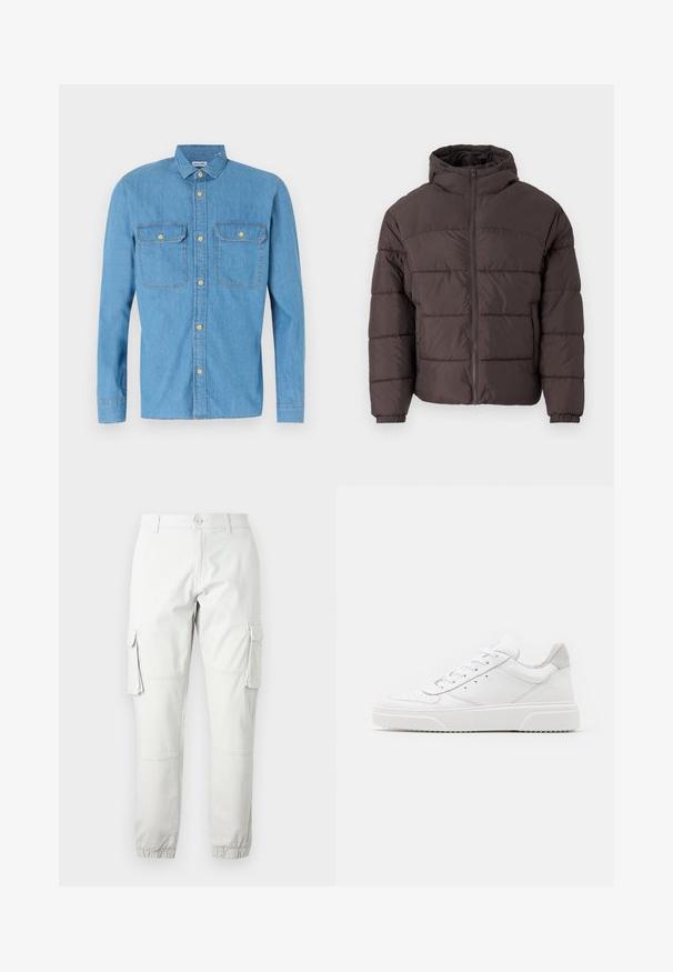 Rudas pūkuotukas su gobtuvu, su užtrauktuku priekyje, elastingomis rankovėmis ir horizontaliomis siūlėmis izoliacijai. Tekstūruotas audinio apdaila.; Šviesiai mėlynas džinsinis marškinis su ilgomis rankovėmis, mygtukų užsegimu priekyje, dviem krūtinės kišenėmis, smailiu apykakle ir auksiniais mygtukais. Minkšta tekstūra, kasdieniškas dizainas.; Šviesiai pilkos krovinių kelnės su šoninėmis kišenėmis, elastingais kulkšnies kraštais ir mygtuko uždarymu. Pagamintos iš tvirtos medžiagos su lygiu paviršiumi.; Balti odiniai sportbačiai su lygiu paviršiumi, apvaliu pirštu, plokščiomis raištelėmis ir struktūrizuota padu. Pilko zimšo akcentas ant kulno.