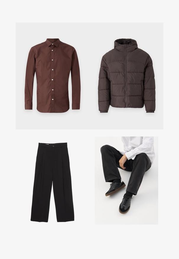 Rjava jakna s puhom in kapuco, z zadrgo na sprednji strani, elastičnimi manšetami in horizontalnim prešitim vzorcem za izolacijo. Teksturno zaključena tkanina.; Rjava dolgo-sleeve srajca iz gladkega bombaža. Ima ovratnik s gumbi in sprednje gumbe ter ozko prileganje.; Črne široke hlače iz gladkega blaga, z ravnim pasom, sprednjimi povešalnimi pregibi in enim gumbom za zapiranje.; Črne superge z gladkim in strukturiranim zgornjim delom, ki vključuje gumijast podplat in temne vezalke. Uvrščene so z štručasto črnimi kavbojkami in belo črtasto majico.