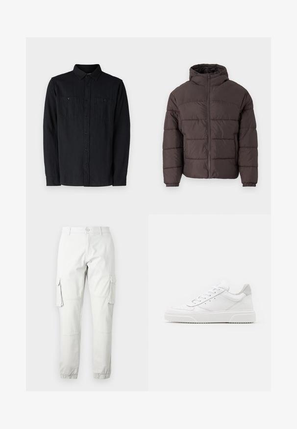 PRUUNI PUFFERMANTEL KAPUUTSIGA, MIS OMAB KETTASULGUST, ELASTSEID KÄISED JA HORISONTAAALSEID QUILTIGI ÜKSIKSUJA MATERJALI KATTEGA.; GAP BRUSHED UTILITY - Ametlik pluus - true black; Heledad hallhalli küljed taskud, elastsed pahkluvarjud ja nööbist sulgemine. Valmistatud vastupidavast kangast, millel on sile tekstuur.; Valged nahast spordijalatsid siledast nahast viimistlusega, ümarate varvastega, lamekestega ja tekstuuriga tallaga. Hall suede aktsent kanna juures.