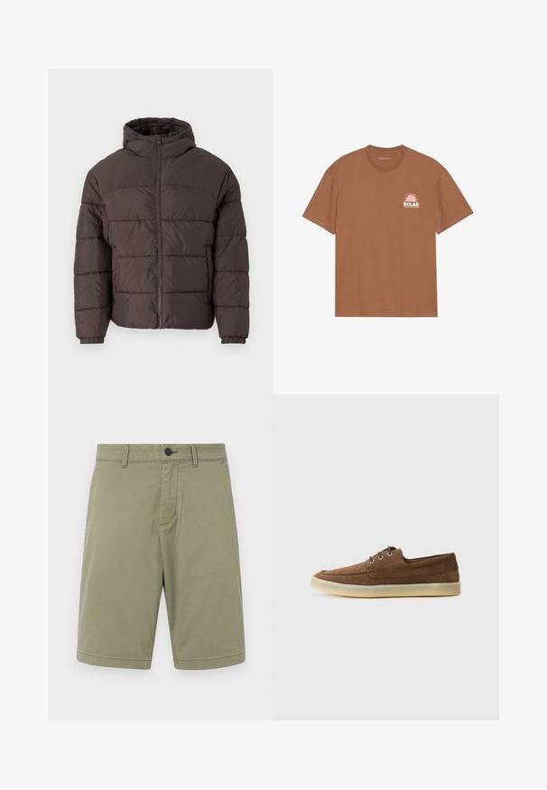 Braune Steppjacke mit Kapuze, ausgestattet mit einem Reißverschluss vorne, elastischen Bündchen und horizontaler Steppung zur Isolierung. Strukturierte Stoffoberfläche.; Braunes Kurzarm-T-Shirt aus Baumwolle mit einem rosa Sonnenmotiv und dem Text "SOLAR" auf der linken Brust. Mit Rundhalsausschnitt.; Kaki-Shorts aus Baumwolle, ausgestattet mit Gürtelschlaufen, einem Frontknopf und einem flachen Vorderdesign mit sauberem Finish und ohne Taschen.; Braune Wildlederschuhe mit niedriger Profilhöhe, Schnürdesign, Gummisohle und kontrastierenden Nähdetails. Schlichtes und funktionales Design.
