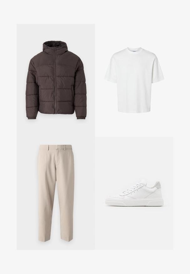 Bruine pufferjack met capuchon, voorzien van een ritssluiting aan de voorkant, elastische manchetten en horizontale stiksels voor isolatie. Geweven stofafwerking.; Witte katoenen t-shirt met korte mouwen, ronde hals en een relaxed fit. Gladde textuur zonder zichtbare patronen of accenten.; Abercrombie & Fitch Baggy Trouser - Broek - khaki; Witte leren sneakers met een gladde afwerking, ronde neus, platte veters en een gestructureerde zool. Grijze suède accent bij de hiel.