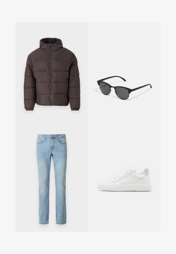 Rudas pūkuotukas su gobtuvu, su užtrauktuku priekyje, elastingomis rankovėmis ir horizontaliomis siūlėmis izoliacijai. Tekstūruotas audinio apdaila.; Balta medvilninė marškinė su trumpomis rankovėmis, apvaliu iškirpimu ir laisvu siluetu. Lygus paviršius be matomų raštų ar akcentų.; Šviesiai mėlynos džinsinės kelnės su tiesia kojelė, turinčios klasikinį penkių kišenių dizainą, diržo kilpas ir užtrauktuką.; Balti odiniai sportbačiai su lygiu paviršiumi, apvaliu pirštu, plokščiomis raištelėmis ir struktūrizuota padu. Pilko zimšo akcentas ant kulno.; Juodos saulės akinių su apvaliais lęšiais, matinio paviršiaus ir išskirtinės katės akies formos. Šlauni rankenos su subtilia ženklinimo detale kairėje šventykloje.