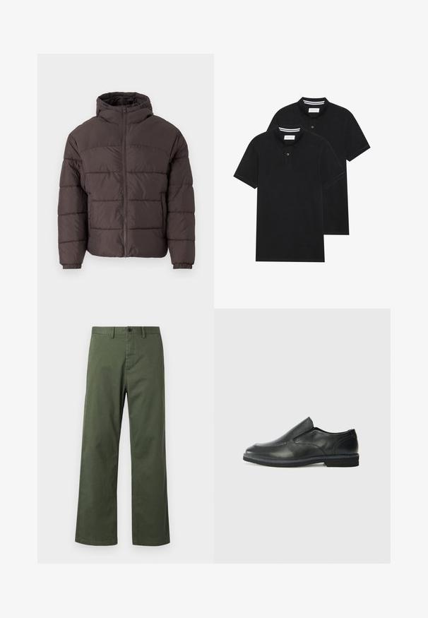 Hnědá péřová bunda s kapucí, s předním zipem, elastickými manžetami a horizontálním prošíváním pro izolaci. Texturovaný povrch látky.; Dvě černé polokošile s krátkým rukávem z bavlny, s klasickým límcem, dvouknoflíkovou légou a bílými pruhovanými akcenty uvnitř límce.; Zelené kalhoty s širokými nohavicemi vyrobené z bavlněné směsi, s knoflíkovým zapínáním, poutky na opasek a jemnou vertikální texturou.; Černá kožená nazouvací bota s hladkým svrškem, prošívanými detaily, zaoblenou špičkou a nízkým gumovým podpatkem. Podešev má minimální vzorek.
