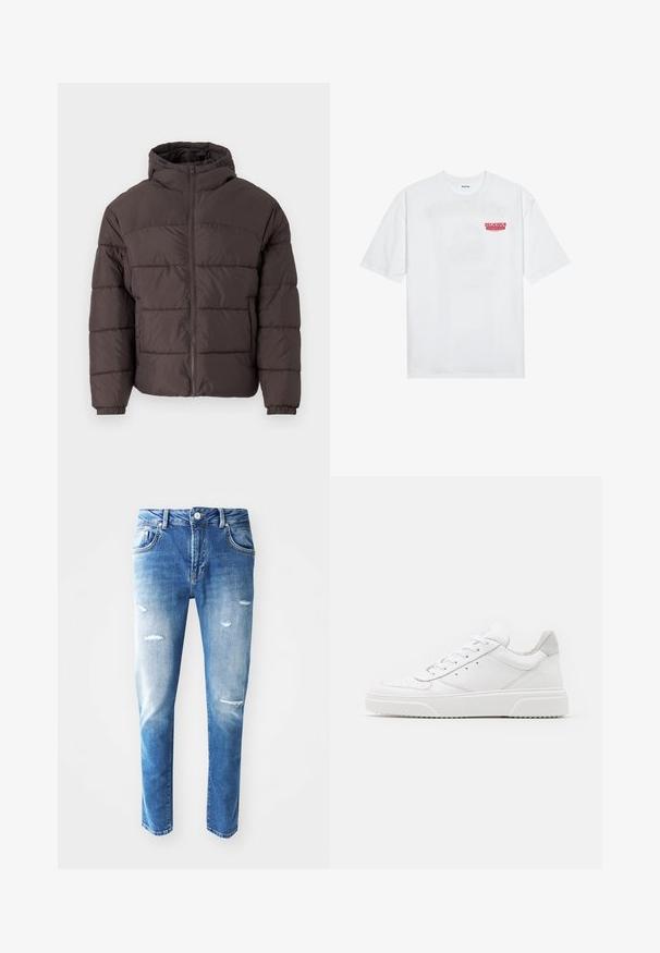 Chaqueta acolchada marrón con capucha, que presenta un cierre delantero con cremallera, puños elásticos y acolchado horizontal para mayor aislamiento. Acabado de tela texturizada.; Camiseta de algodón blanca con mangas cortas, cuello redondo y un texto gráfico rojo que dice "FRUTA DELICIOSA Y REFRESCANTE" en la parte frontal.; Jeans de mezclilla azul con un degradado de claro a oscuro, detalles desgastados que incluyen desgarros, cinco bolsillos y un cierre de botón en la cintura.; Zapatillas de cuero blanca con un acabado suave, punta redondeada, cordones planos y una suela texturada. Acento de ante gris en el talón.