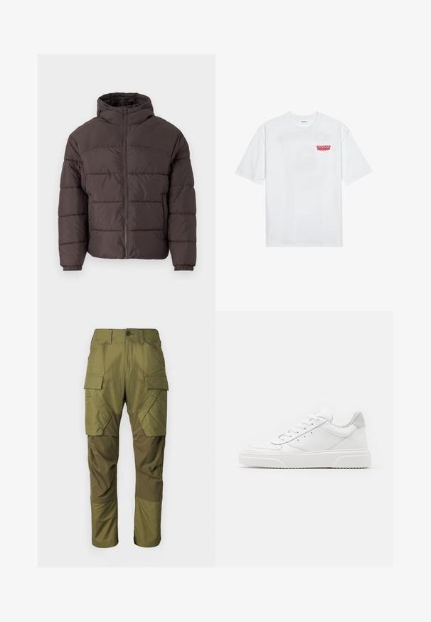 Brūna pūkaina jaka ar kapuci, ar rāvējslēdzēja fronti, elastīgiem aproces un horizontālo quiltēšanu siltumizolācijai. Tekstūrēta auduma apdare.; Balta kokvilnas T-kreklu ar īsām piedurknēm, apaļu kakla izgriezumu un sarkanu grafisku tekstu "GARDI ATSPIRDZINOŠI AUGĻI" priekšpusē.; Olīvzaļa krāsas kravas bikses, kurām ir vairāki kabatas, kontrastējošu tekstūru paneļi un pieguļošs dizains ar pogu aizdari jostasvietā.; Baltie ādas sporta apavi ar gludu virsmu, noapaļotu purngalu, plakaniem šņorēm un reljefa zoli. Pelēks zamšādas akcenti pie papēža.