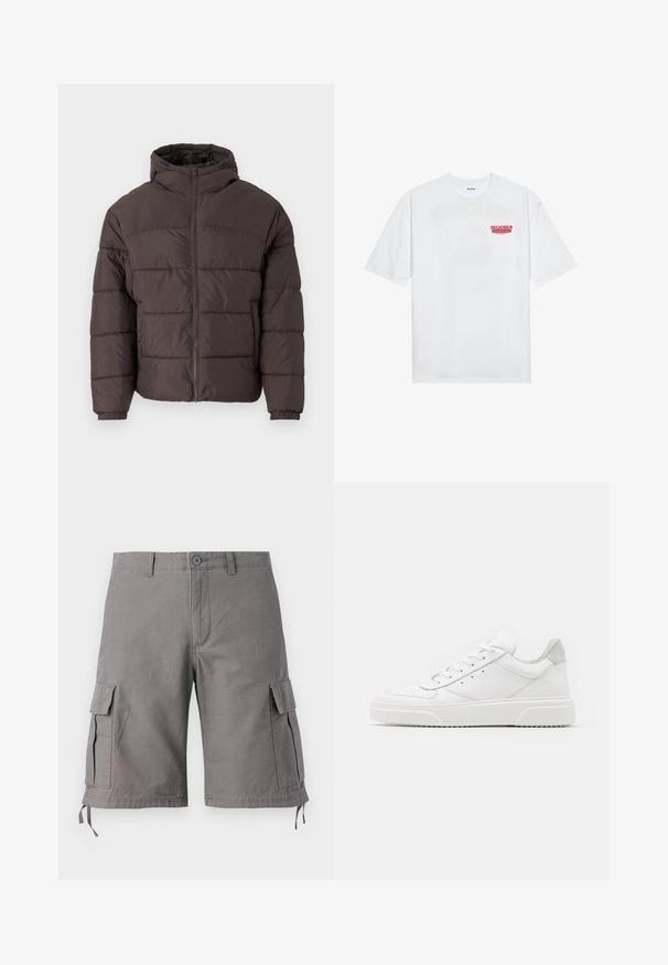 Brūna pūkaina jaka ar kapuci, ar rāvējslēdzēja fronti, elastīgiem aproces un horizontālo quiltēšanu siltumizolācijai. Tekstūrēta auduma apdare.; Balta kokvilnas T-kreklu ar īsām piedurknēm, apaļu kakla izgriezumu un sarkanu grafisku tekstu "GARDI ATSPIRDZINOŠI AUGĻI" priekšpusē.; Pelēki kravu šorti, kas izgatavoti no kokvilnas maisījuma auduma. Īpašības: sānu kabatas, regulējami izvads mezgli apakšā un pogu aizdare.; Baltie ādas sporta apavi ar gludu virsmu, noapaļotu purngalu, plakaniem šņorēm un reljefa zoli. Pelēks zamšādas akcenti pie papēža.