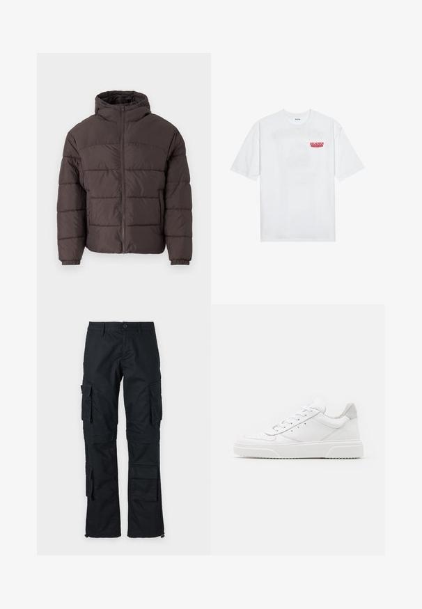 Ruskea puhvitakki hupulla, jossa on vetoketjusuljenta, elastiset hihansuut ja vaakasuora tikkaus eristyksen parhaaksi. Teksturoitu kankaan pinta.; Valkoinen puuvillapaita, jossa on lyhyet hihat, pyöreä kaula-aukko ja etupuolella punainen grafiikkateksti "HERKULLINEN RAJAAKASI HEDELMÄ".; Mustat cargo-housut, joissa on useita sivutaskuja, nappikiinnitys ja säädettävät nilkkahelmukset. Valmistettu kestävästä kankaasta ja suorasta muotoilusta.; Valkoiset nahkakengät, joissa on sileä pinta, pyöreä kärki, litteät nauhat ja teksturoitu pohja. Harmaa mokkanahka korostaa kantapäätä.