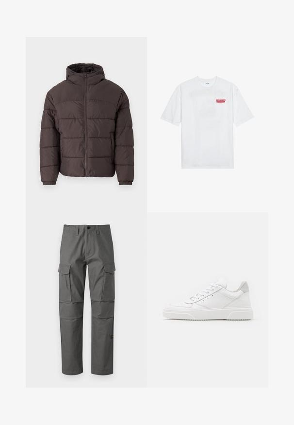 Brūna pūkaina jaka ar kapuci, ar rāvējslēdzēja fronti, elastīgiem aproces un horizontālo quiltēšanu siltumizolācijai. Tekstūrēta auduma apdare.; Balta kokvilnas T-kreklu ar īsām piedurknēm, apaļu kakla izgriezumu un sarkanu grafisku tekstu "GARDI ATSPIRDZINOŠI AUGĻI" priekšpusē.; Pelēki kravas bikses, kas izgatavotas no izturīga auduma, ar taisna kāju dizainu, vairākām sānu kabatām un redzamām šuvēm.; Baltie ādas sporta apavi ar gludu virsmu, noapaļotu purngalu, plakaniem šņorēm un reljefa zoli. Pelēks zamšādas akcenti pie papēža.