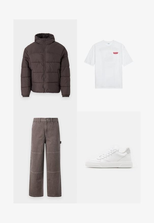 Brun pufferjakke med hætte, med lynlås foran, elastiske manchetter og vandret quiltning til isolering. Tekstureret stoffinish.; Hvid bomulds t-shirt med korte ærmer, rund hals og rød grafisk tekst "DELICIOUS REFRESHING FRUIT" på forsiden.; Bredde ben bukser i en falmet brun farve, lavet af holdbart stof med kontrasterende syninger. Har paneldetaljer og en sidelomme.; Hvide lædersneakers med en glat finish, rund tå, flade snørebånd og en struktureret sål. Grå ruskindsdetalje ved hælen.