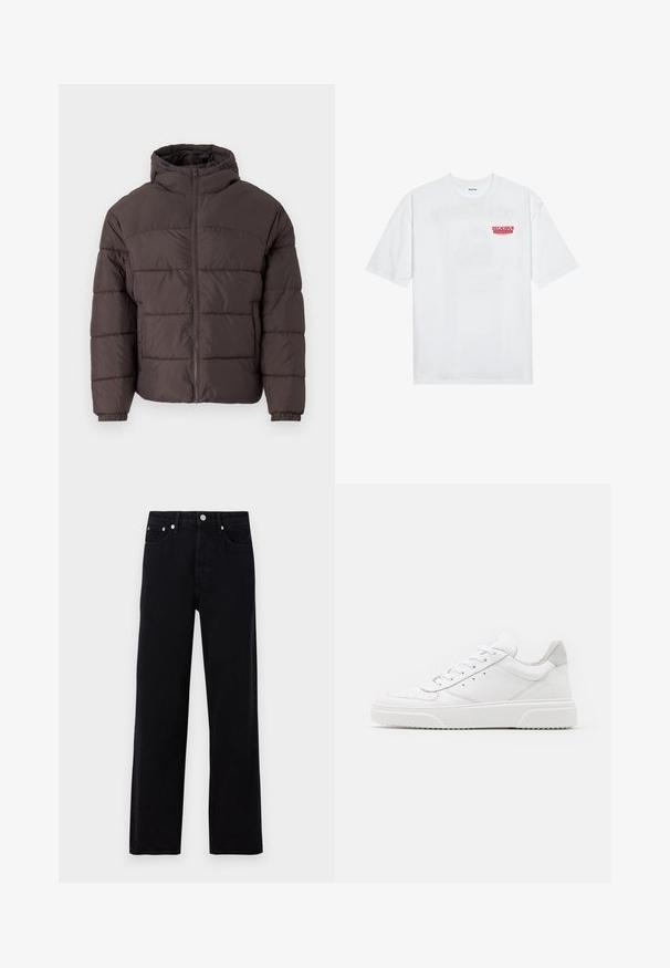 Brun pufferjakke med hætte, med lynlås foran, elastiske manchetter og vandret quiltning til isolering. Tekstureret stoffinish.; Hvid bomulds t-shirt med korte ærmer, rund hals og rød grafisk tekst "DELICIOUS REFRESHING FRUIT" på forsiden.; Only & Sons ONSFADE LOOSE BOX - Loose-jeans - washed black; Hvide lædersneakers med en glat finish, rund tå, flade snørebånd og en struktureret sål. Grå ruskindsdetalje ved hælen.