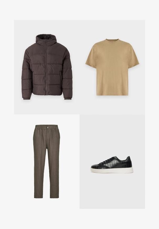 Brun puffjacka med huva, med zip-förslutning fram, elastiska cuffs och horisontell kviltning för isolering. Texturerad tygyta.; Khaki kortärmad t-shirt i mjukt tyg, med rund halsringning och en avslappnad passform. Inga mönster eller grafik syns.; Jack & Jones JPSTKARL LAWRENCE - Tygbyxor - dark brown; Svarta sneakers med en texturerad läderöverdels i krokodilprägling, rund tå och en kontrasterande vit gummisula med en slät yta.