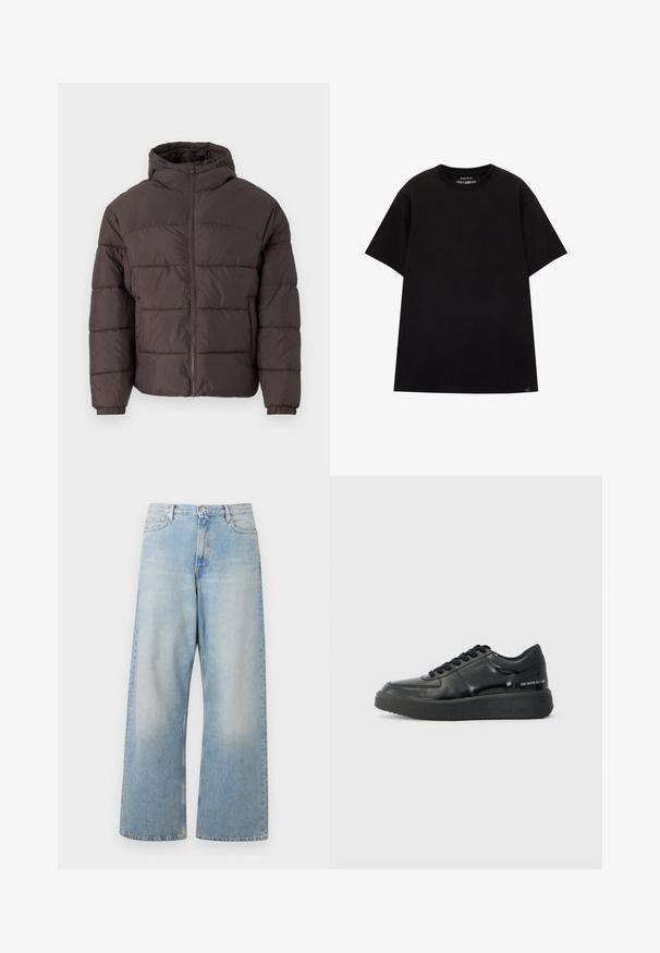 Ruskea puhvitakki hupulla, jossa on vetoketjusuljenta, elastiset hihansuut ja vaakasuora tikkaus eristyksen parhaaksi. Teksturoitu kankaan pinta.; PULL&BEAR JOIN LIFE - T-paita - black; Vaaleansiniset leveälahkeiset farkut, jotka on valmistettu denimistä. Ne ovat korkeavyötäröiset, niissä on etutaskut ja haalistunut pesu, jossa on hienovaraista kulumista reiden kohdalla.; Mustat nahkakengät, joissa on sileä pinta, pyöreä kärki ja kontrastiväri musta kumipohja. Varustettu litteillä nauhoilla ja brändäyksellä sivulla.