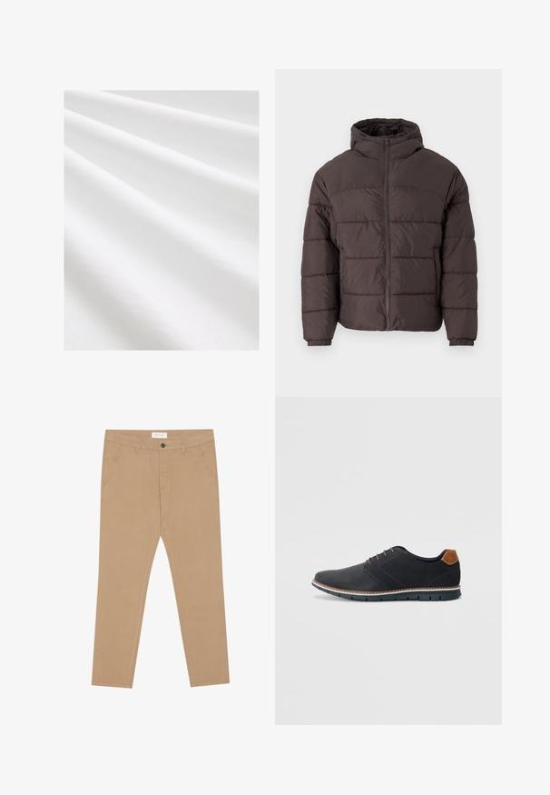 Chaqueta acolchada marrón con capucha, que presenta un cierre delantero con cremallera, puños elásticos y acolchado horizontal para mayor aislamiento. Acabado de tela texturizada.; Tejido de algodón, color blanco, textura suave con pliegues y arrugas sutiles. Superficie uniforme, ligeramente reflectante, sin patrones ni acentos.; Chinos caqui de mezcla de algodón, con frente plano, dos bolsillos laterales y un bolsillo trasero. Tejido ligero con una textura suave.; Zapatos sintéticos negros con un upper texturizado, acentos lisos, tacón marrón y una suela en contraste. Presenta un cordón mínimo y detalles de costura.