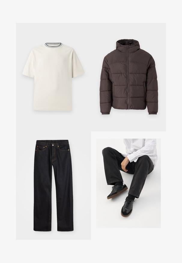 Brūna pūkaina jaka ar kapuci, ar rāvējslēdzēja fronti, elastīgiem aproces un horizontālo quiltēšanu siltumizolācijai. Tekstūrēta auduma apdare.; Krēmlādas kokvilnas T-krekls ar īsām piedurknēm, ar kārtīgu apkakli, ko akcentē tumši zila un balta svītra. Gluda tekstūra, brīva piegriezuma.; Vīriešu taisno kāju melnie džinsi ar piecām kabatām un oranžu izšuvumu, ar pogu un zipa aizdari priekšējā jostas daļā.; Melnas sporta kurpes ar gludu un teksturētu virsu, apgādātas ar gumijas zoli un tumšiem auklām. Saskaņotas ar melniem džinsiem un baltu svītrainu krekls.