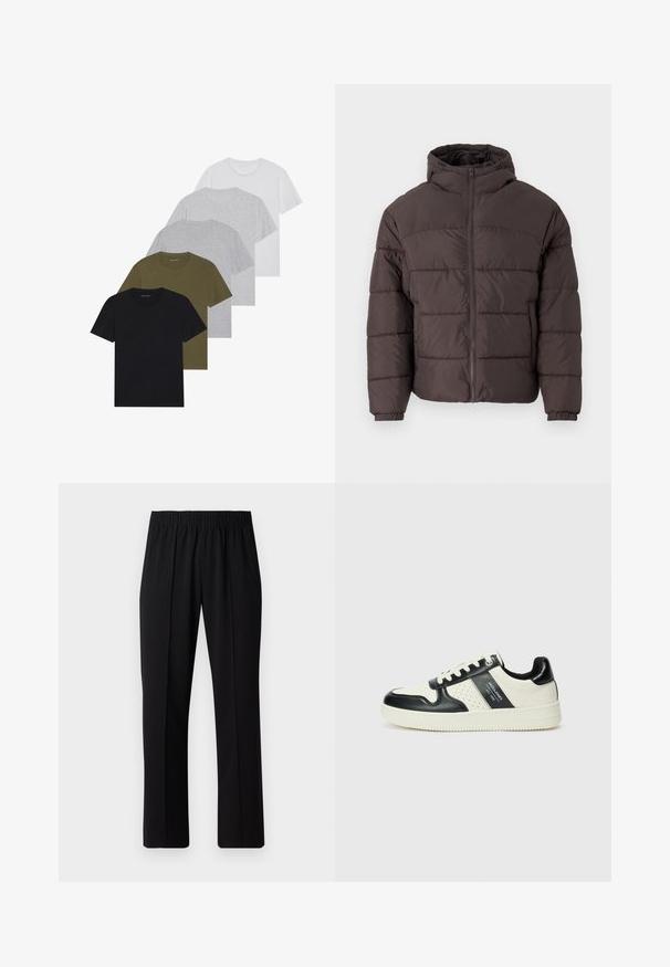 Rudas pūkuotukas su gobtuvu, su užtrauktuku priekyje, elastingomis rankovėmis ir horizontaliomis siūlėmis izoliacijai. Tekstūruotas audinio apdaila.; Penki apvalaus kaklo marškiniai juodos, alyvuogių, šviesiai pilkos, tamsiai pilkos ir baltos spalvos. Pagaminti iš minkštos medžiagos, su trumpomis rankovėmis ir laisvu siluetu.; Juodos, elastingos juosmens kelnės su tiesiomis kojomis, turinčios lygų paviršių ir be matomų raštų ar detalių.; Odiniai sportbačiai juodos ir kreminės spalvų schemoje, su perforuotais akcentais, paminkštinta apykakle ir tekstūruotu padu.