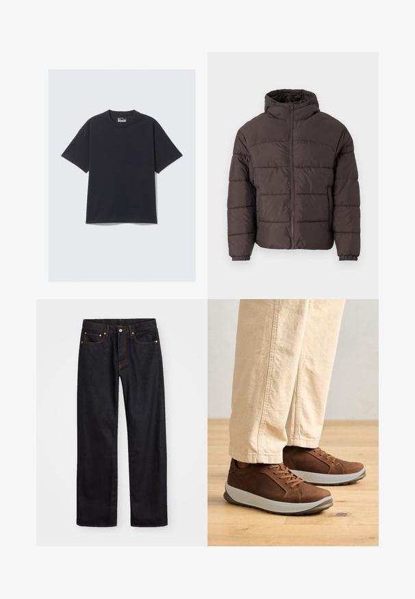 Brun pufferjakke med hætte, med lynlås foran, elastiske manchetter og vandret quiltning til isolering. Tekstureret stoffinish.; Sort bomulds T-shirt med klassisk rund hals, korte ærmer og en afslappet pasform. Glat tekstur med minimal syning.; Mænds lige ben sorte denim jeans med fem lommer og orange syninger, knap- og lynlåslukning foran på taljen.; Brune lædersneakers med lav profil, snørebåndsdesign, grå sål og teksturerede detaljer, parret med lyse beige bukser, på trægulv.