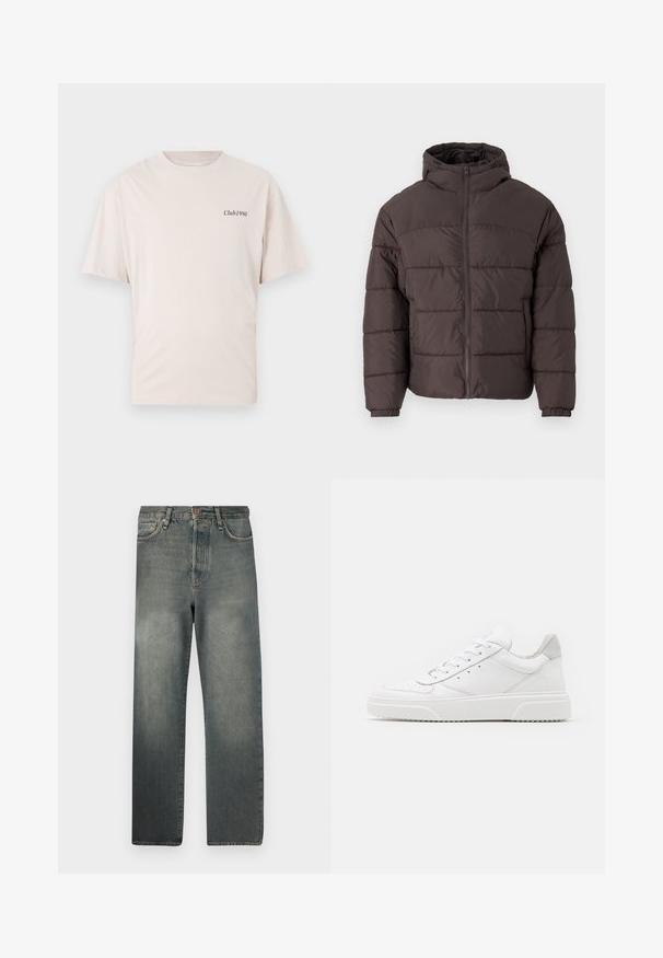 Chaqueta acolchada marrón con capucha, que presenta un cierre delantero con cremallera, puños elásticos y acolchado horizontal para mayor aislamiento. Acabado de tela texturizada.; Camiseta de algodón color beige claro con mangas cortas y cuello redondo, que presenta un pequeño logo negro "Club1990" en el lado izquierdo del pecho.; Jack & Jones JJIALEX JJCOOPER - Vaqueros baggy - black denim; Zapatillas de cuero blanca con un acabado suave, punta redondeada, cordones planos y una suela texturada. Acento de ante gris en el talón.